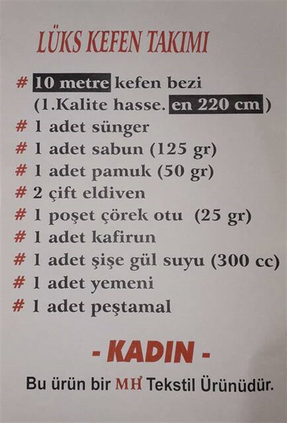 Cenaze Levazımatı Bayan 2.2 Metre X 10 Metre