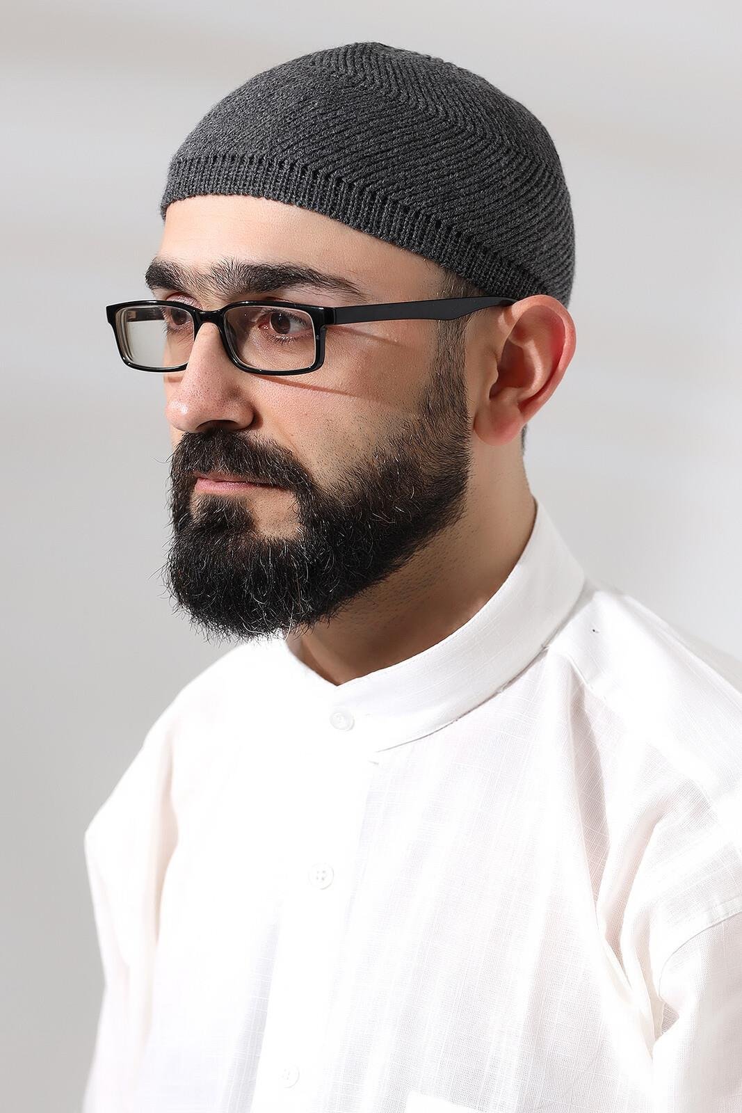 Füme Süper Namaz Dantel Detaylı Örme Orlon Namaz Takkesi
