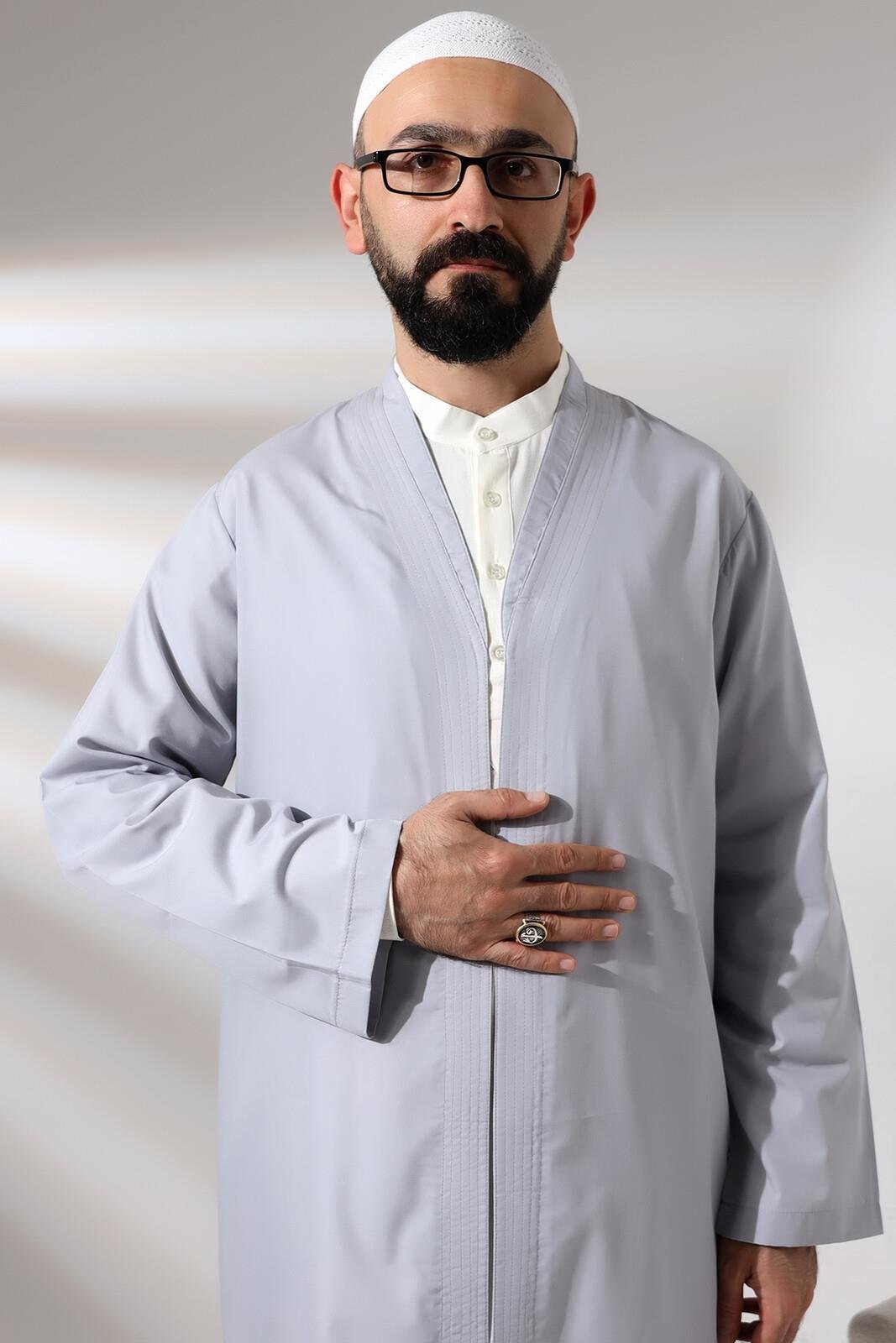 Gri Erkek Namaz Elbisesi V Yaka Düğmesiz Önü Açık Namaz Cübbesi