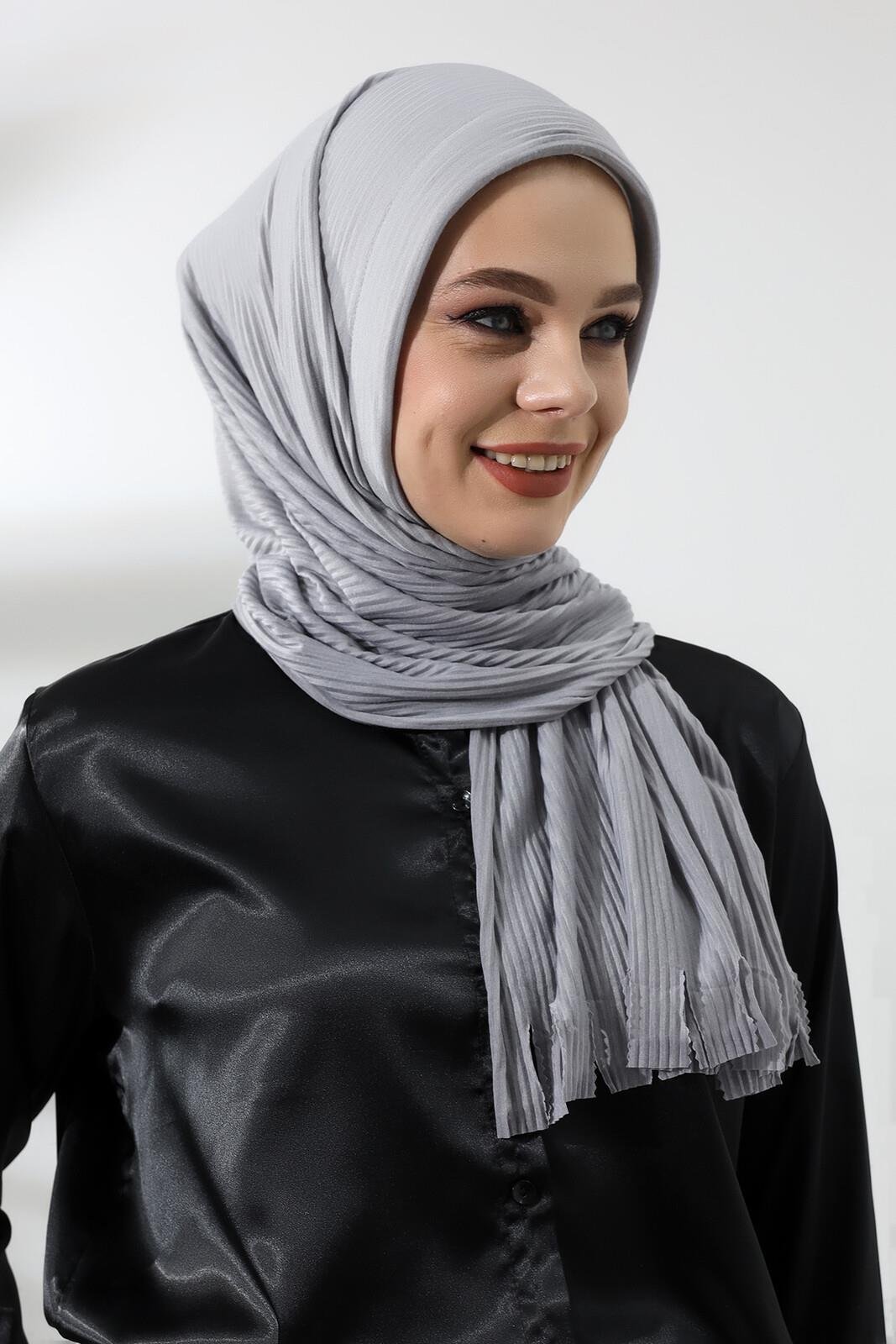 Gri Tesettür Hazır Pratik Fitilli Pamuklu Şal