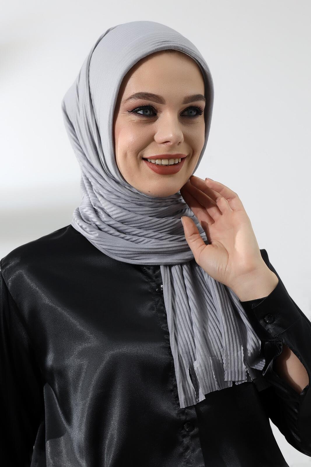 Gri Tesettür Hazır Pratik Fitilli Pamuklu Şal