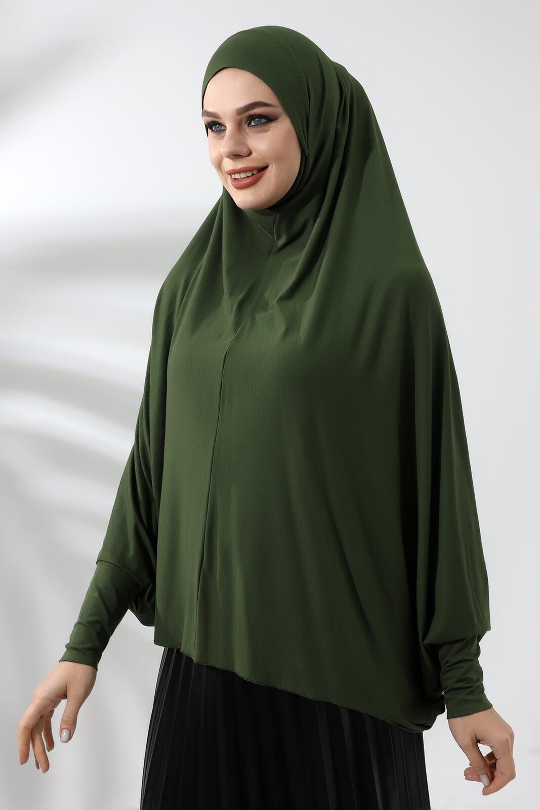 Haki Hazır Pratik Sultanbaş Tesettür Kollu Penye Sufle Eşarp Hijab