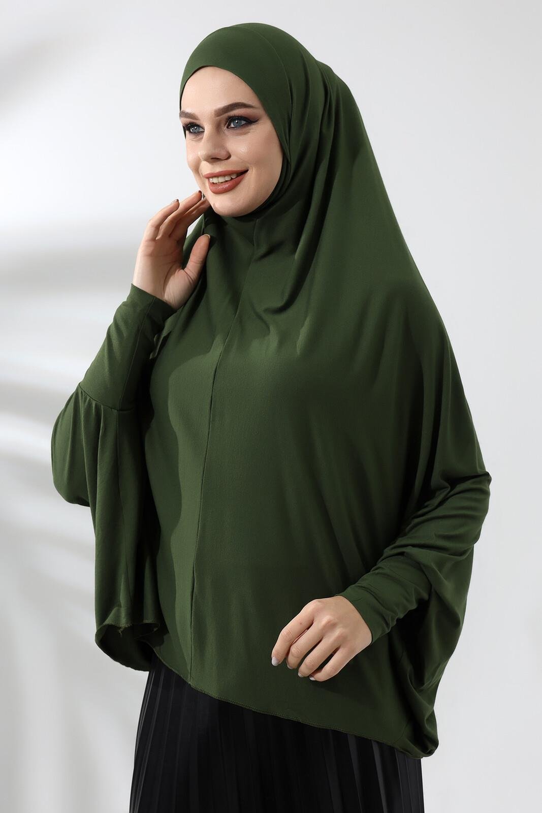 Haki Hazır Pratik Sultanbaş Tesettür Kollu Penye Sufle Eşarp Hijab