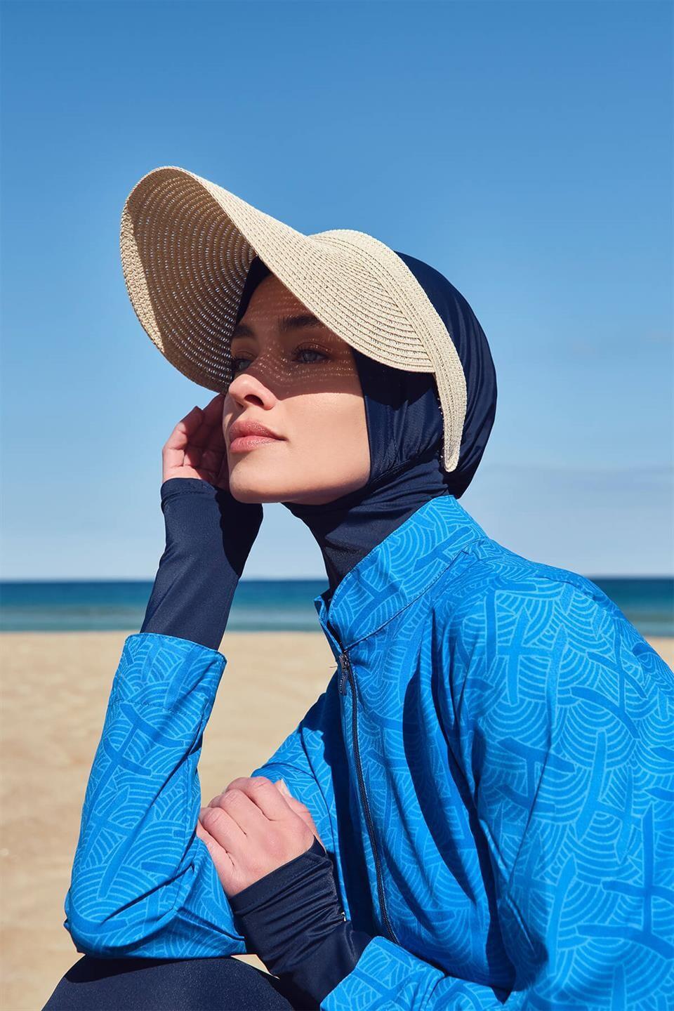 Haşema Esila Monogram Patterned Fully Covered Hijab Swimsuit HSM-2934 Blue-Navy Blue