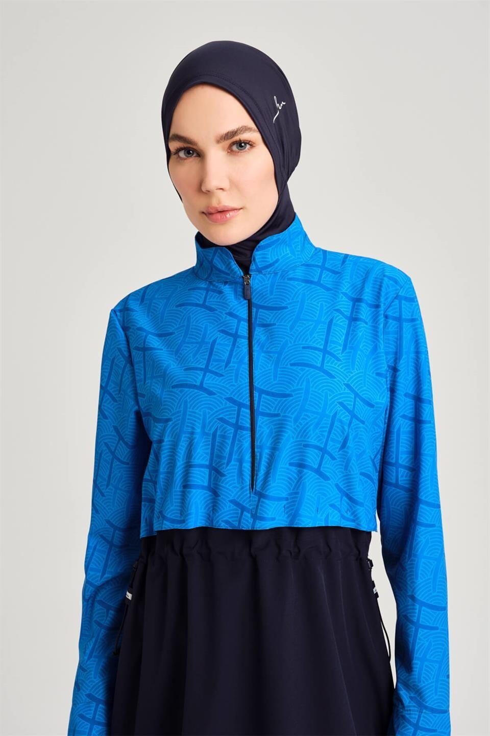 Haşema Esila Monogram Patterned Fully Covered Hijab Swimsuit HSM-2934 Blue-Navy Blue