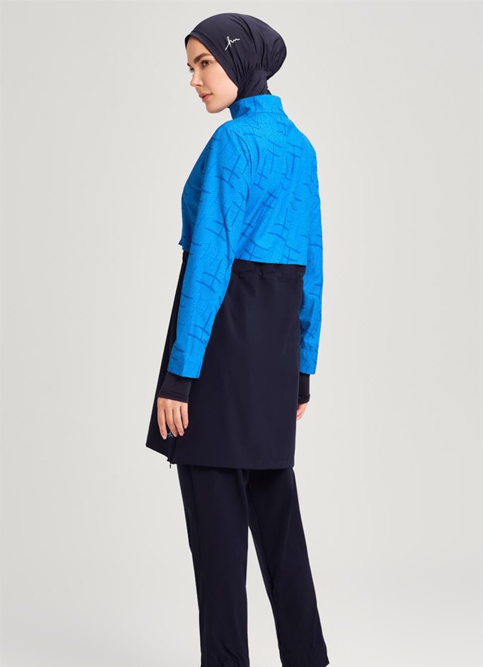 Haşema Esila Monogram Patterned Fully Covered Hijab Swimsuit HSM-2934 Blue-Navy Blue