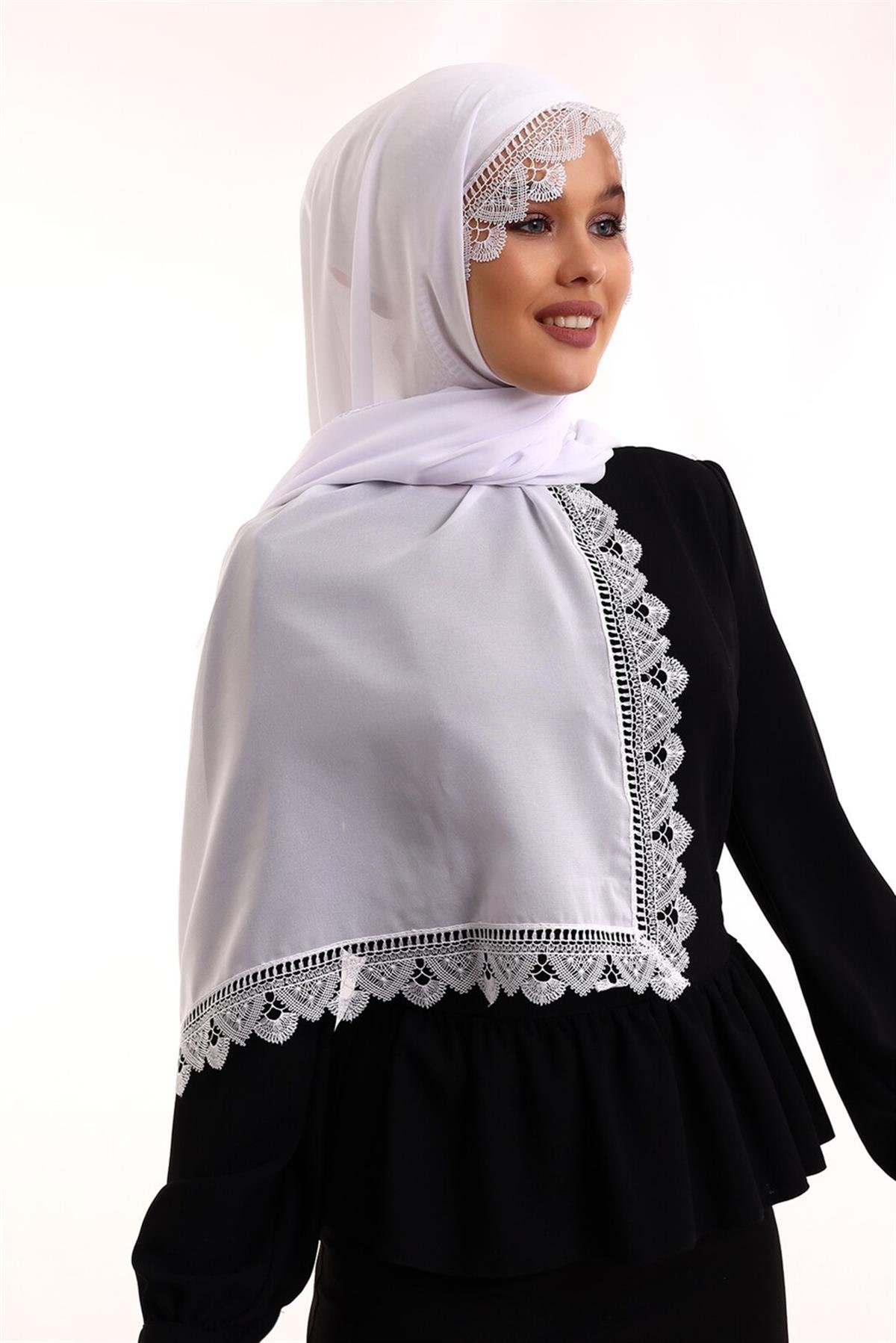 İğne Oyalı Dantelli Eşarp Demor Mevlüt Örtüsü Beyaz