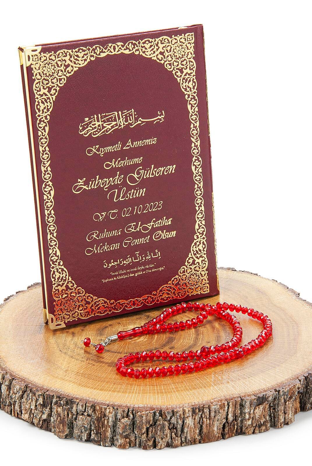 İsim Baskılı Yaldızlı Deri Ciltli Yasin Kitabı - Orta Boy - Şeffaf Kutulu - Tesbihli -  Bordo Renk