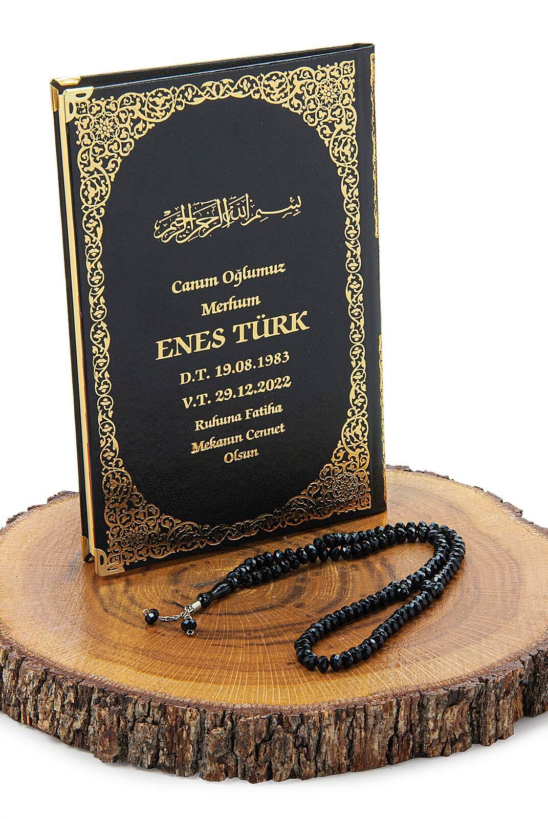 İsim Baskılı Yaldızlı Deri Ciltli Yasin Kitabı - Orta Boy - Şeffaf Kutulu - Tesbihli - Siyah Renk