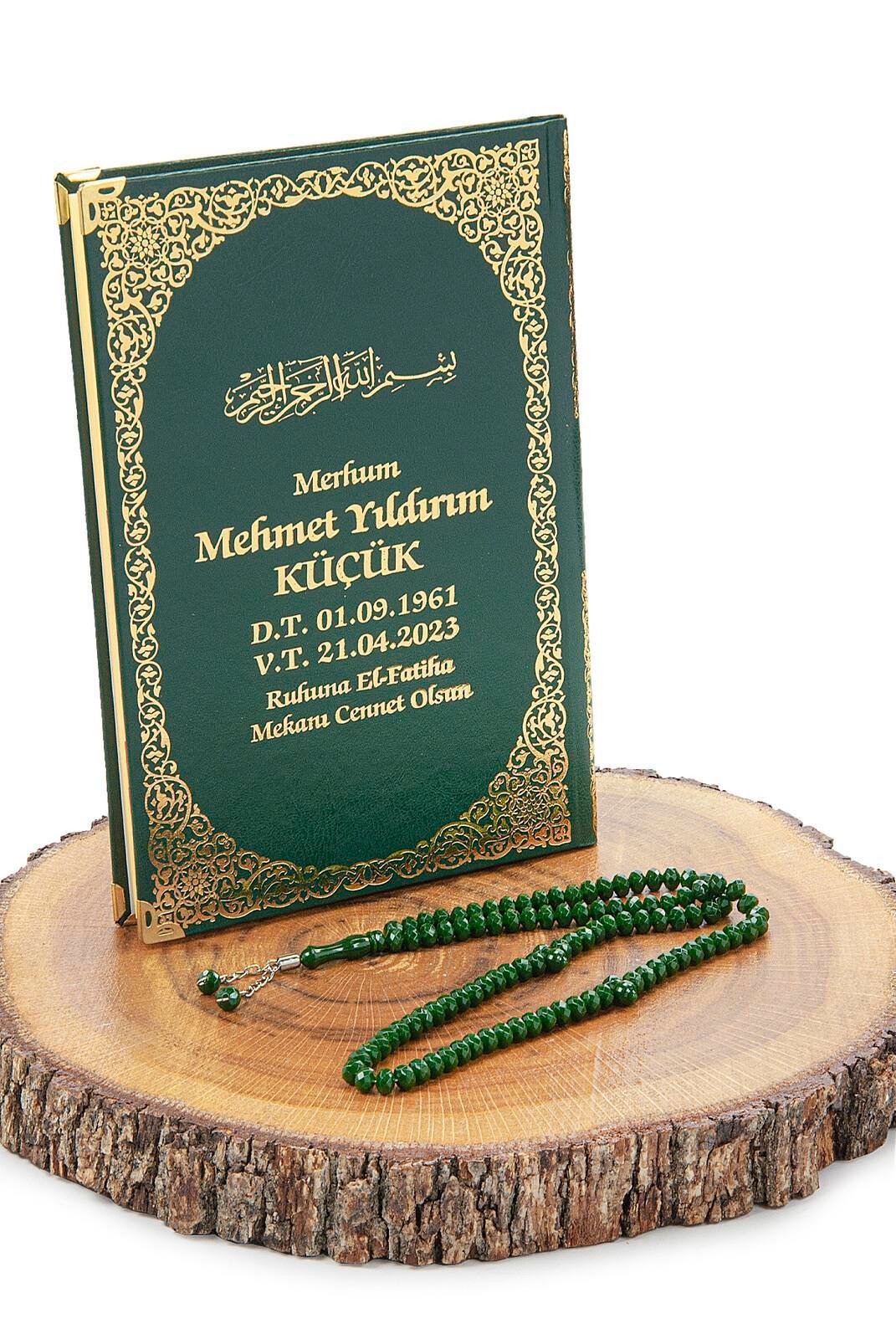 İsim Baskılı Yaldızlı Deri Ciltli Yasin Kitabı - Orta Boy - Şeffaf Kutulu - Tesbihli - Yeşil Renk
