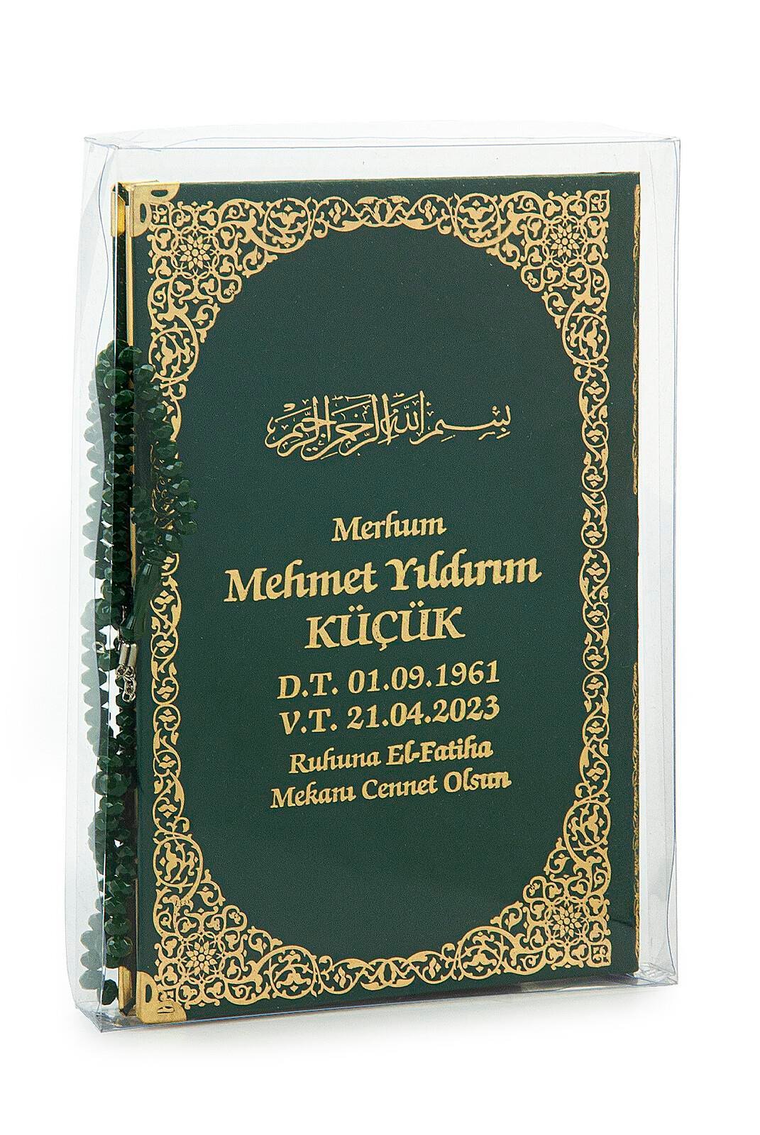 İsim Baskılı Yaldızlı Deri Ciltli Yasin Kitabı - Orta Boy - Şeffaf Kutulu - Tesbihli - Yeşil Renk