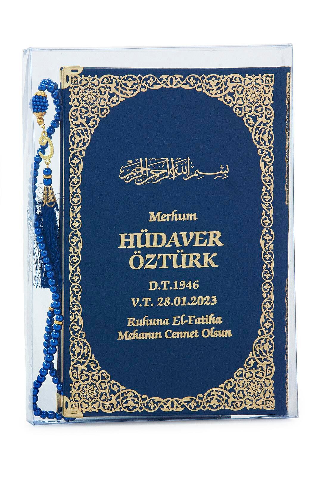İsim Baskılı Yaldızlı Deri Ciltli Yasin Kitabı - Orta Boy - Şeffaf Kutulu - İnci Tesbihli - Lacivert Renk