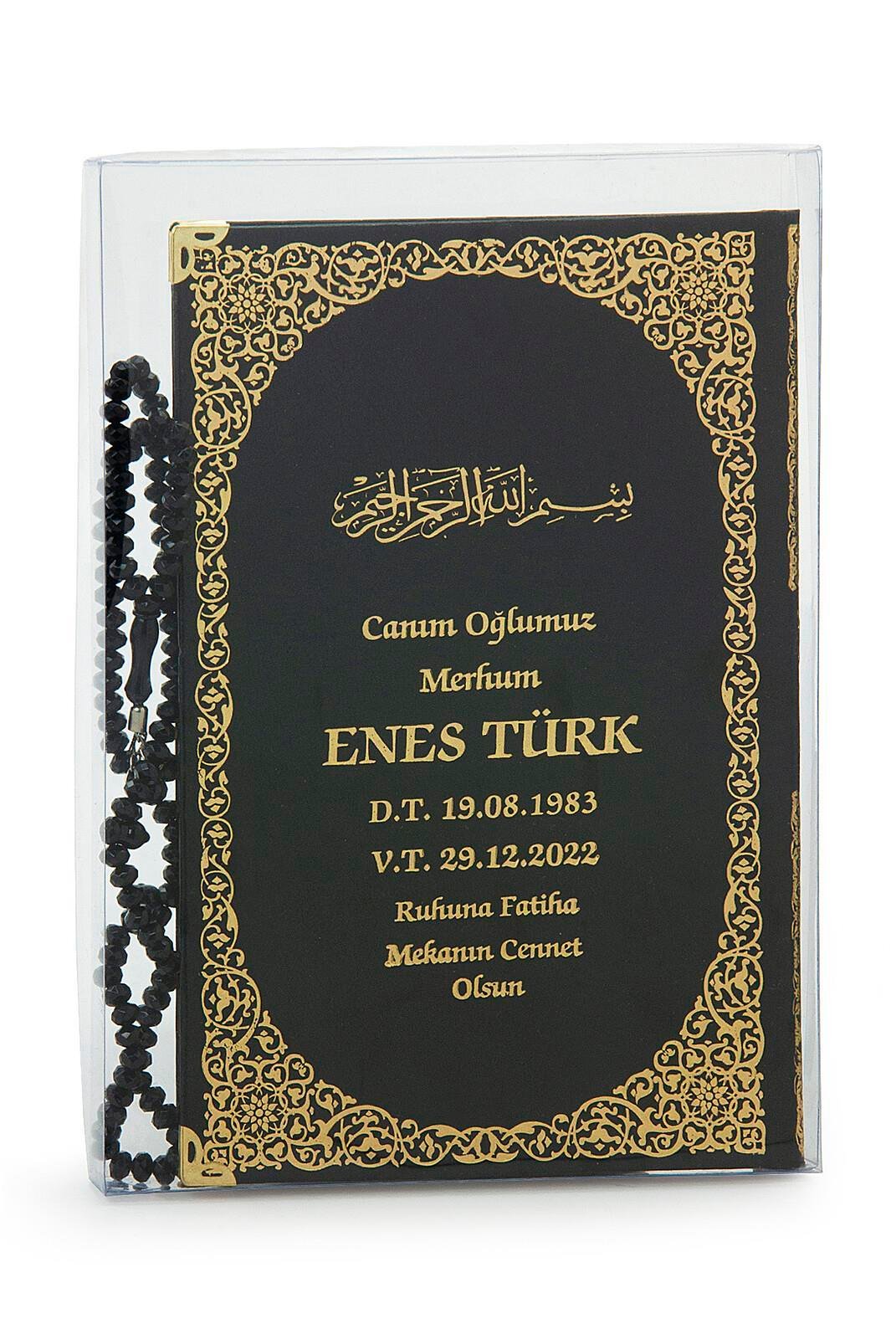 İsim Baskılı Yaldızlı Deri Ciltli Yasin Kitabı - Orta Boy - Şeffaf Kutulu - Tesbihli - Siyah Renk