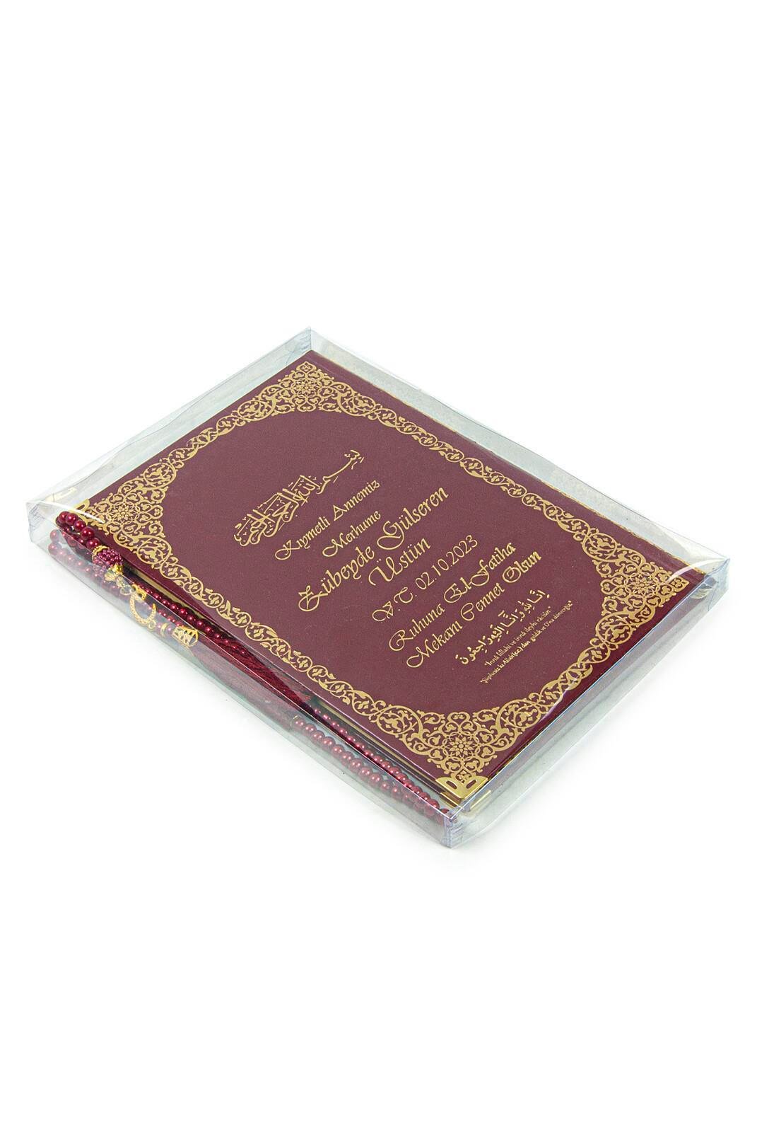 İsim Baskılı Yaldızlı Deri Ciltli Yasin Kitabı - Orta Boy - Şeffaf Kutulu - İnci Tesbihli - Bordo Renk