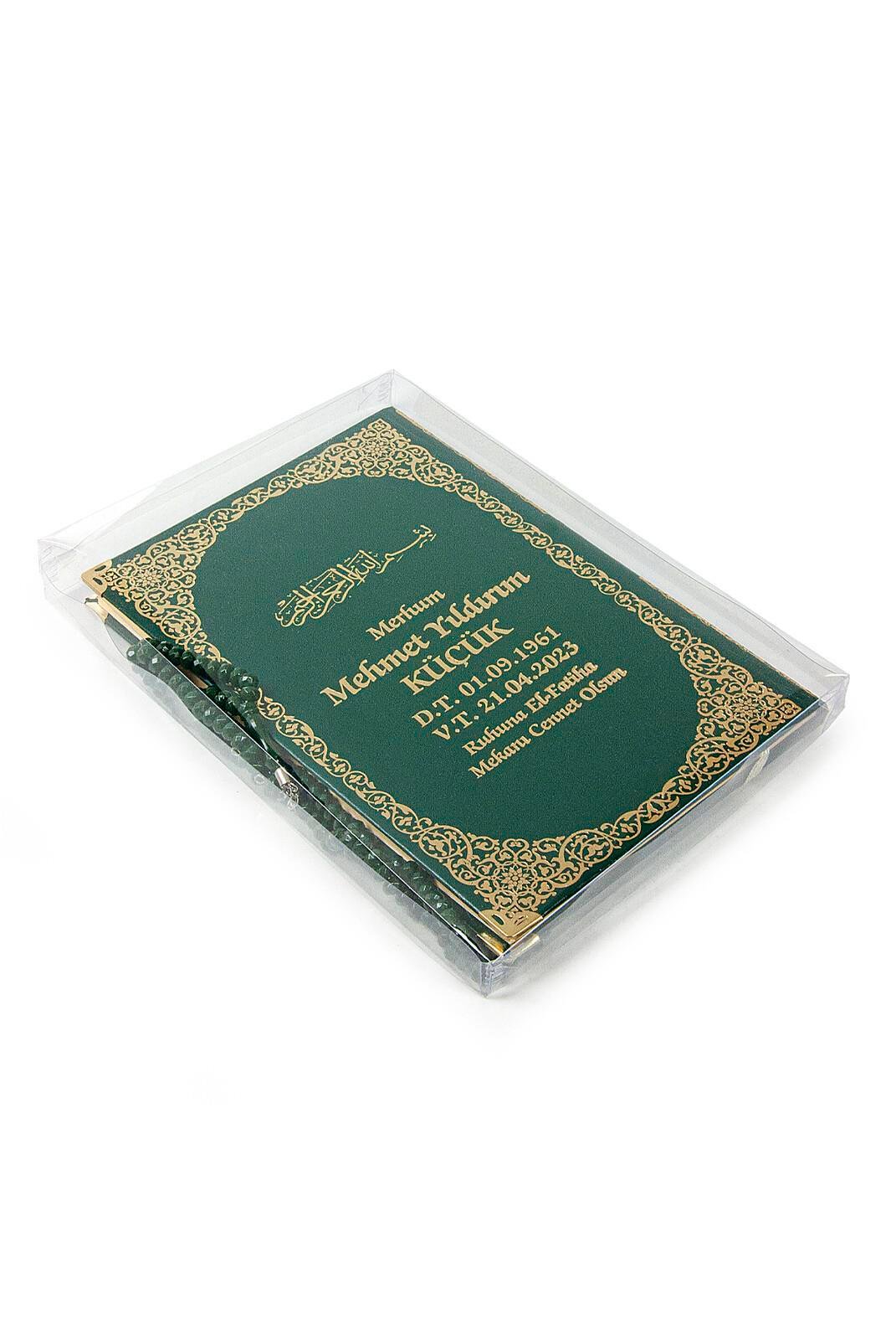 İsim Baskılı Yaldızlı Deri Ciltli Yasin Kitabı - Orta Boy - Şeffaf Kutulu - Tesbihli - Yeşil Renk