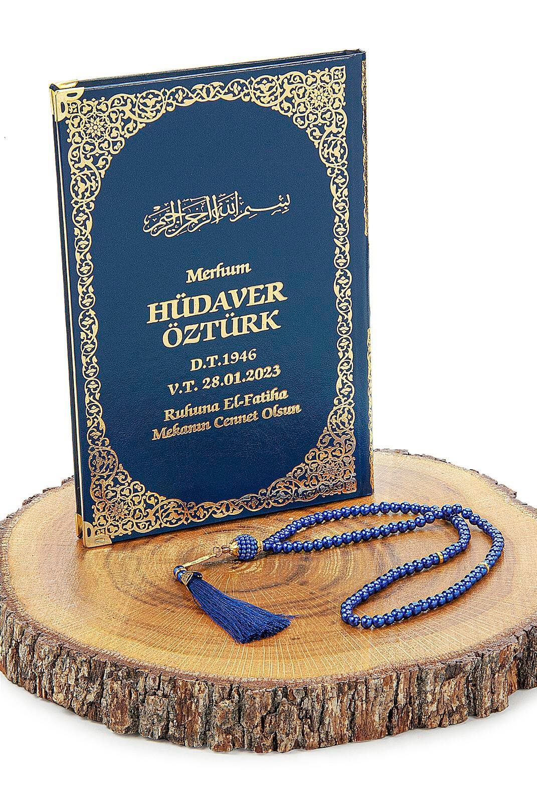 İsim Baskılı Yaldızlı Deri Ciltli Yasin Kitabı - Orta Boy - Şeffaf Kutulu - İnci Tesbihli - Lacivert Renk