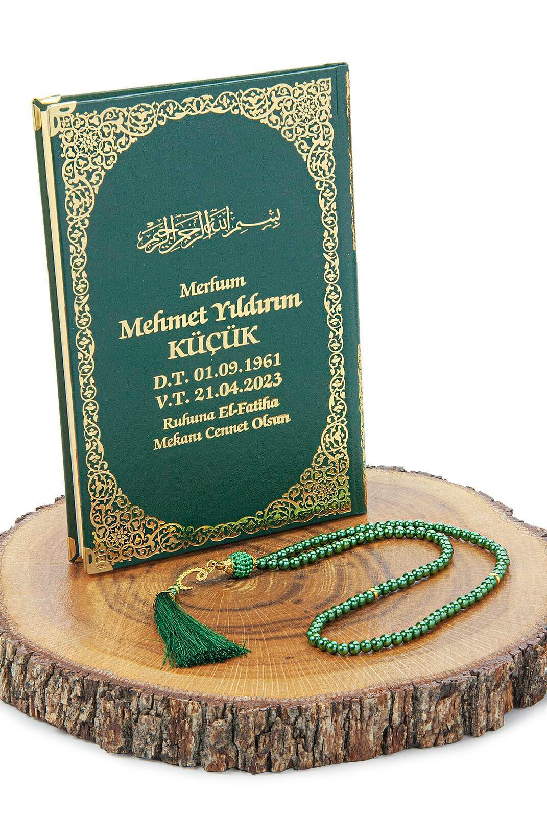 İsim Baskılı Yaldızlı Deri Ciltli Yasin Kitabı - Orta Boy - Şeffaf Kutulu - İnci Tesbihli - Yeşil Renk