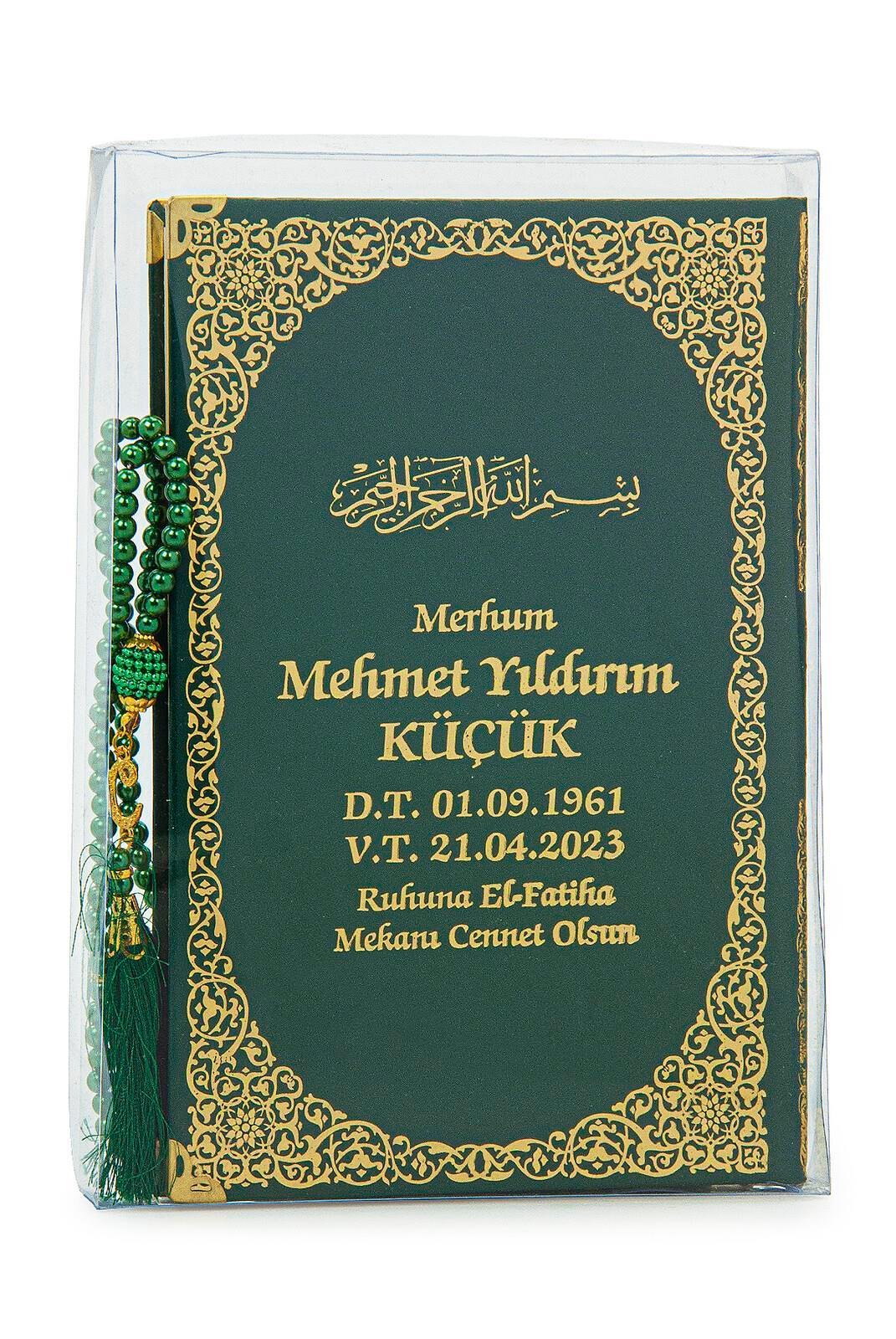İsim Baskılı Yaldızlı Deri Ciltli Yasin Kitabı - Orta Boy - Şeffaf Kutulu - İnci Tesbihli - Yeşil Renk
