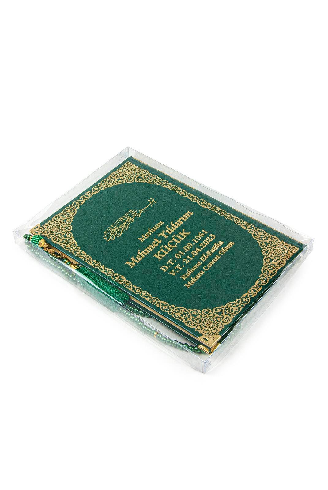 İsim Baskılı Yaldızlı Deri Ciltli Yasin Kitabı - Orta Boy - Şeffaf Kutulu - İnci Tesbihli - Yeşil Renk