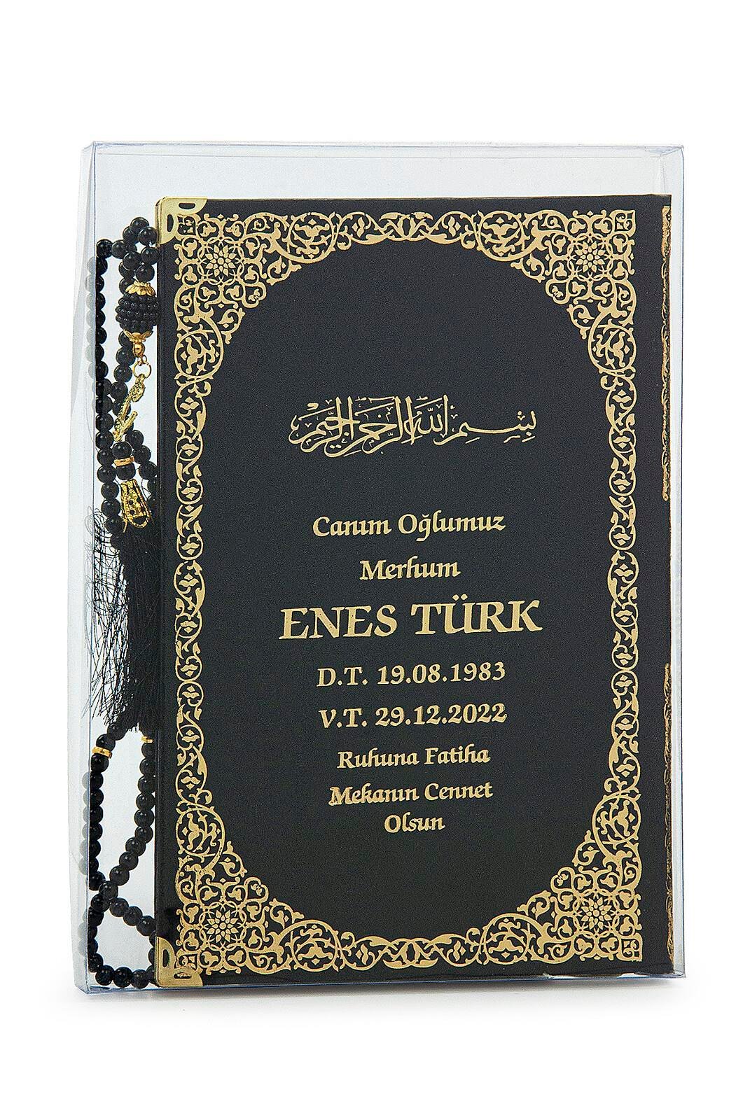 İsim Baskılı Yaldızlı Deri Ciltli Yasin Kitabı - Orta Boy - Şeffaf Kutulu - İnci Tesbihli -  Siyah Renk