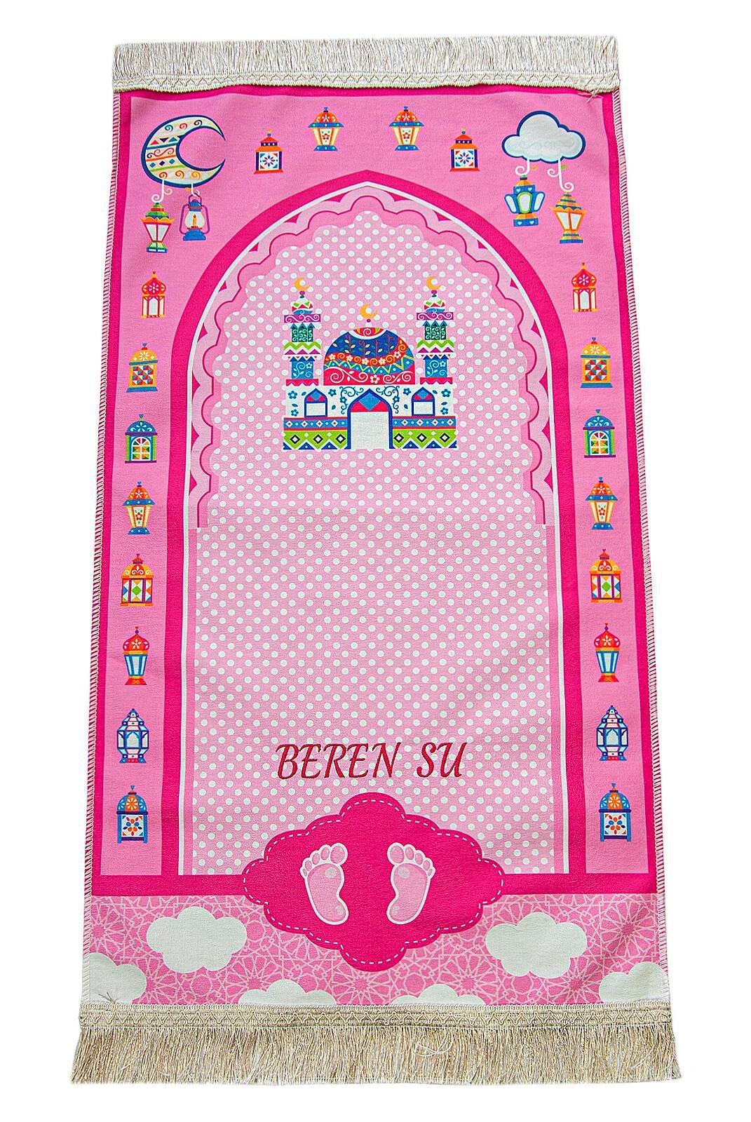 İsme Özel Nakış İşlemeli Ramazan Temalı Çocuk Seccadesi Pembe
