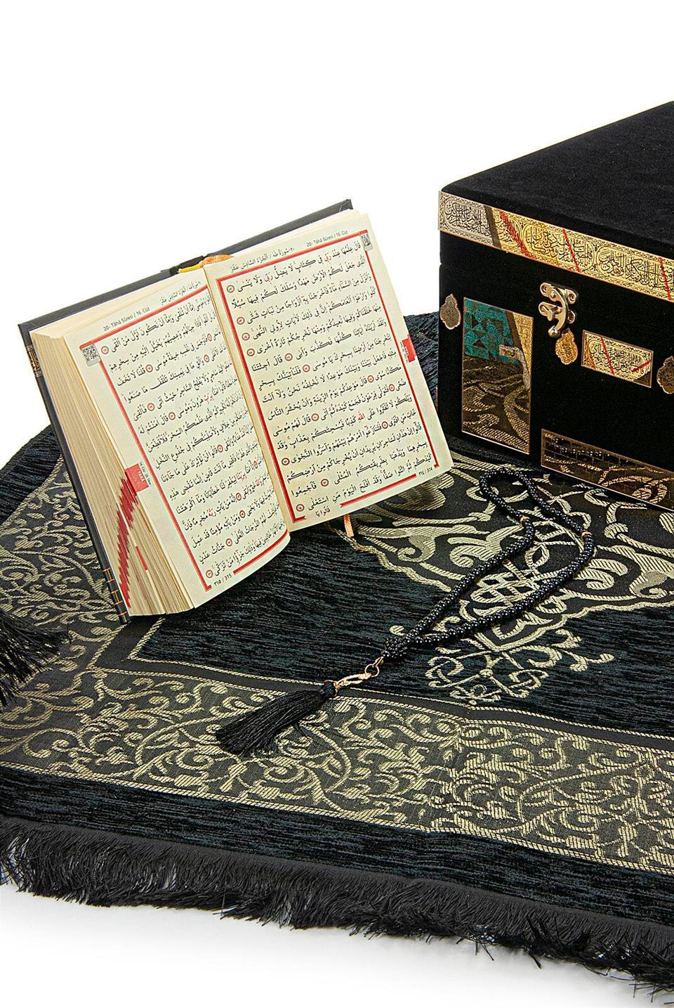 Kadife Kaplı Kabe Kutulu Tesbih Kuranı Kerim ve Seccade Seti