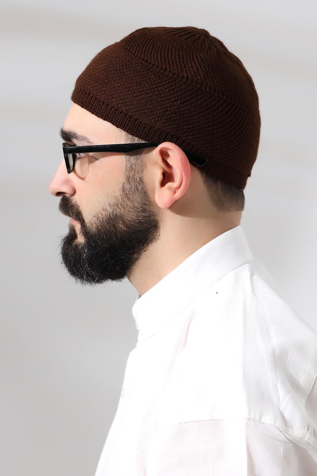 Kahve Süper Namaz Dantel Detaylı Örme Orlon Namaz Takkesi