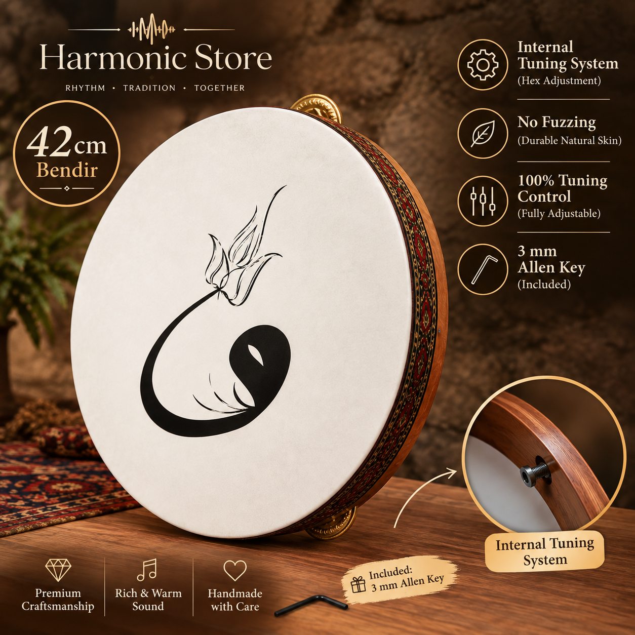 armonicasMüzik & EğlenceKişiye Özel Alman Sentetik Bendir | El Yapımı Türk Bendiri | Akort Edilebilir Profesyonel Bendir | Sufi & Meditasyon Davulu