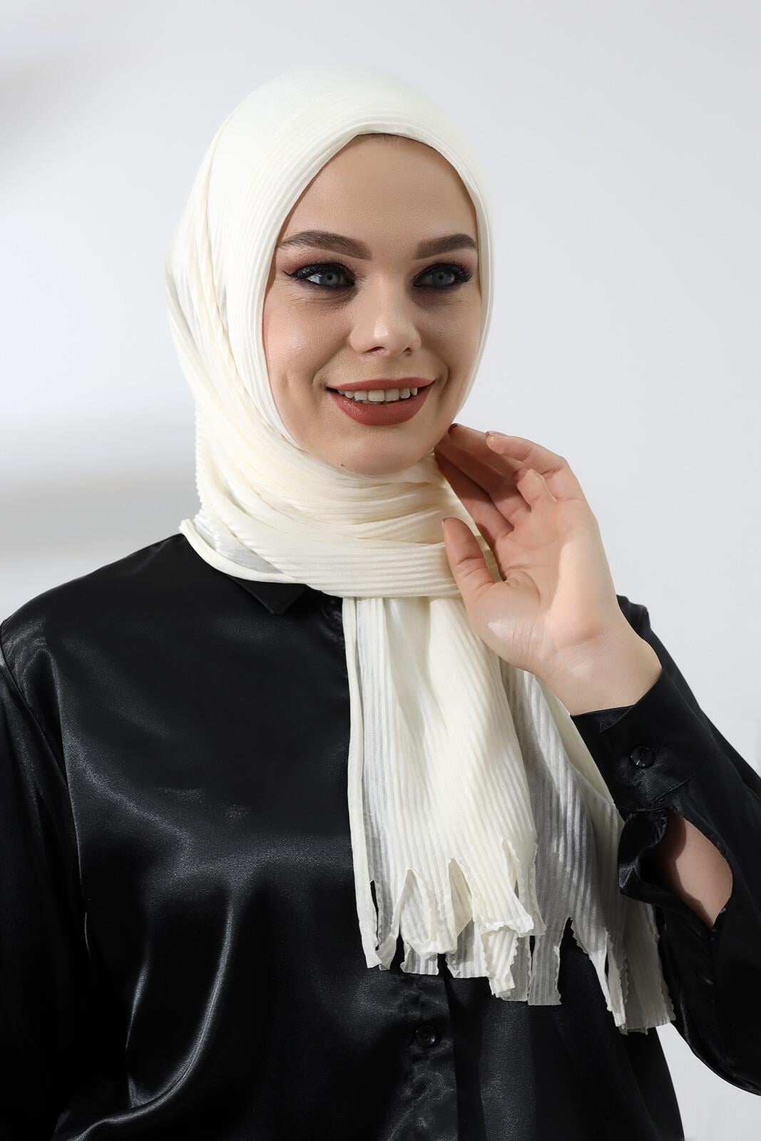 Krem Tesettür Hazır Pratik Fitilli Pamuklu Şal