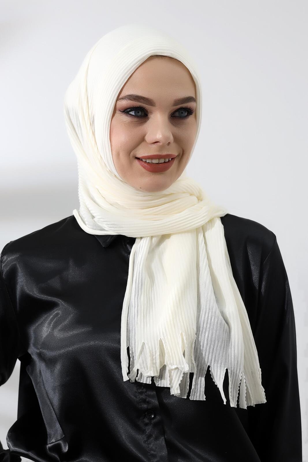 Krem Tesettür Hazır Pratik Fitilli Pamuklu Şal