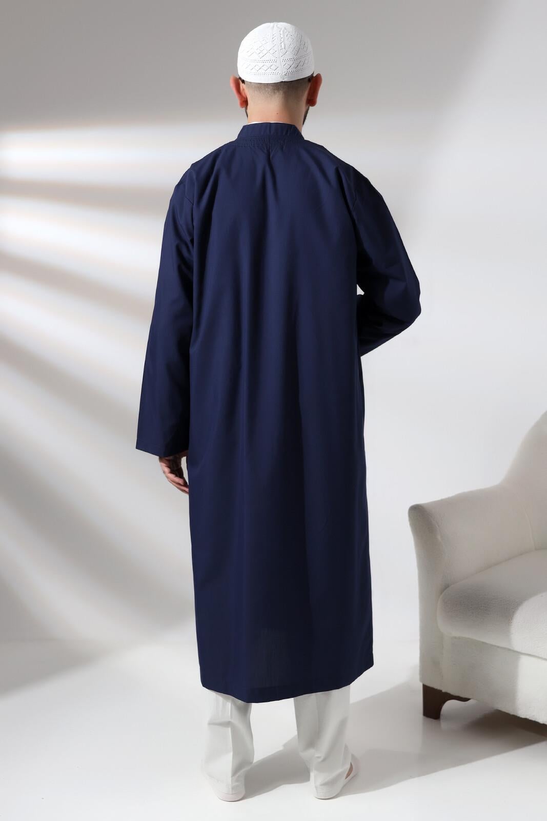 Lacivert Erkek Namaz Elbisesi V Yaka Düğmesiz Önü Açık Namaz Cübbesi