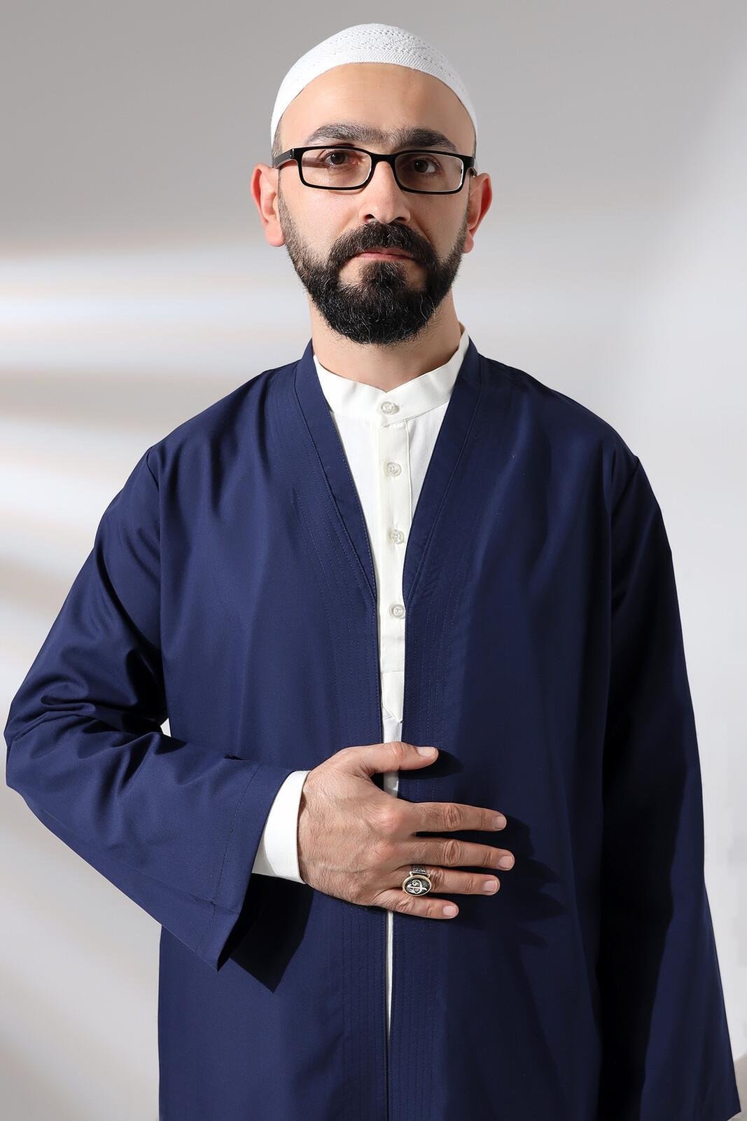 Lacivert Erkek Namaz Elbisesi V Yaka Düğmesiz Önü Açık Namaz Cübbesi