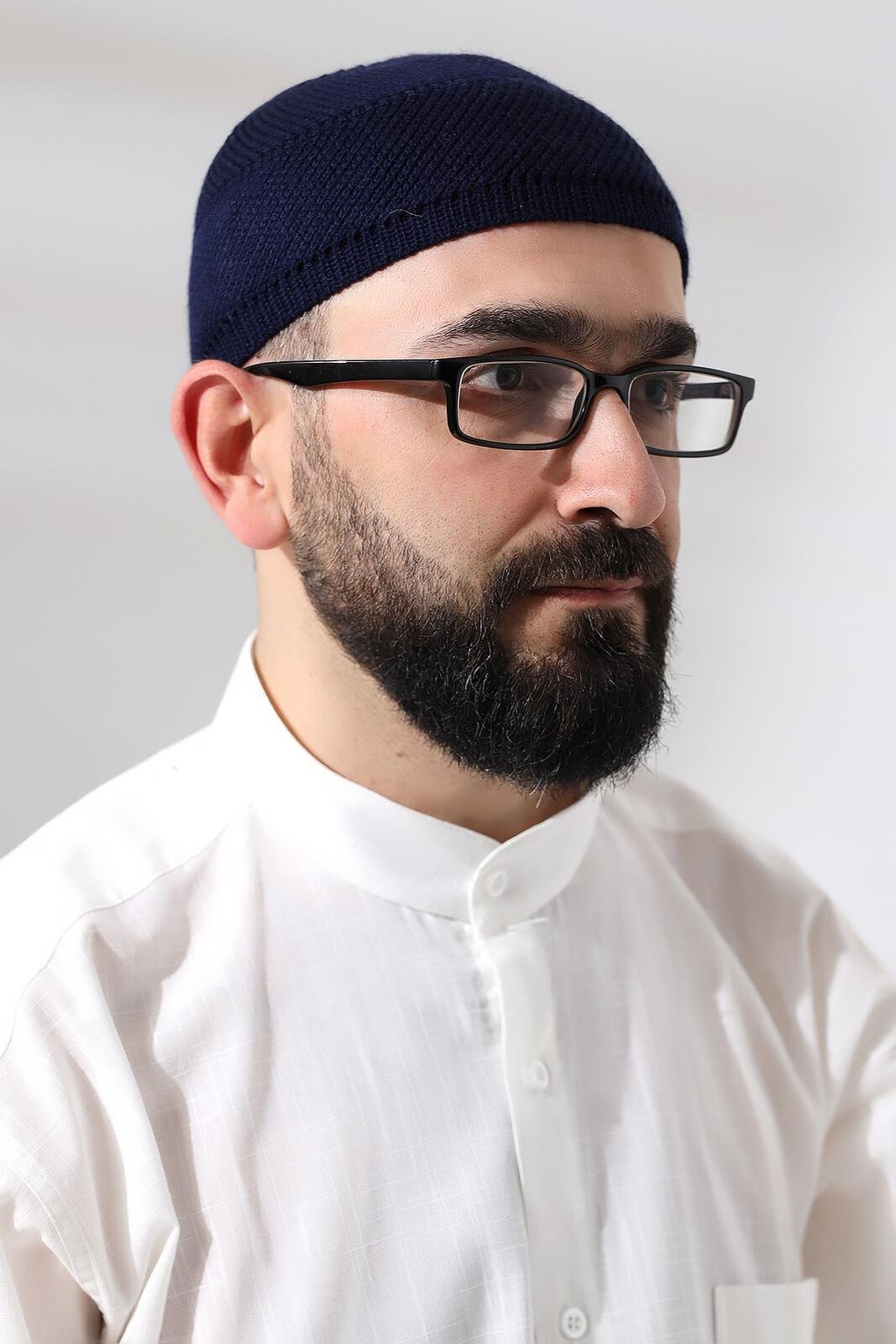 Lacivert Süper Namaz Dantel Detaylı Örme Orlon Namaz Takkesi