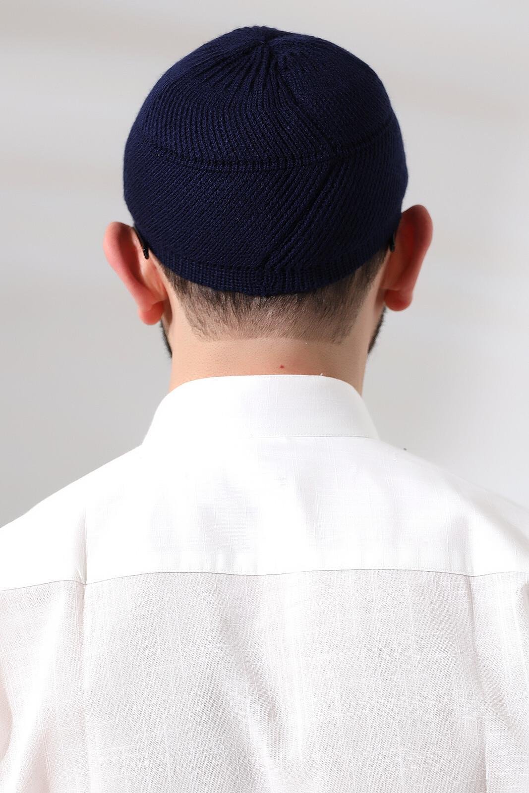 Lacivert Süper Namaz Dantel Detaylı Örme Orlon Namaz Takkesi
