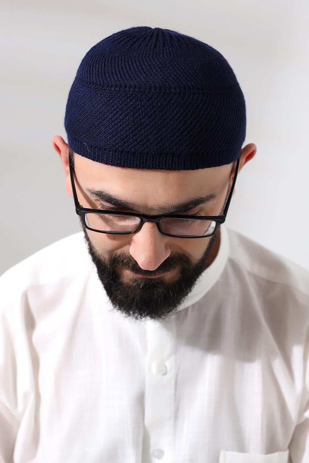 Lacivert Süper Namaz Dantel Detaylı Örme Orlon Namaz Takkesi