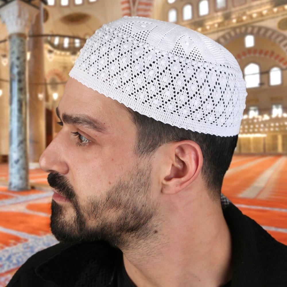 Lüks El Örme Dantel Takke-Beyaz