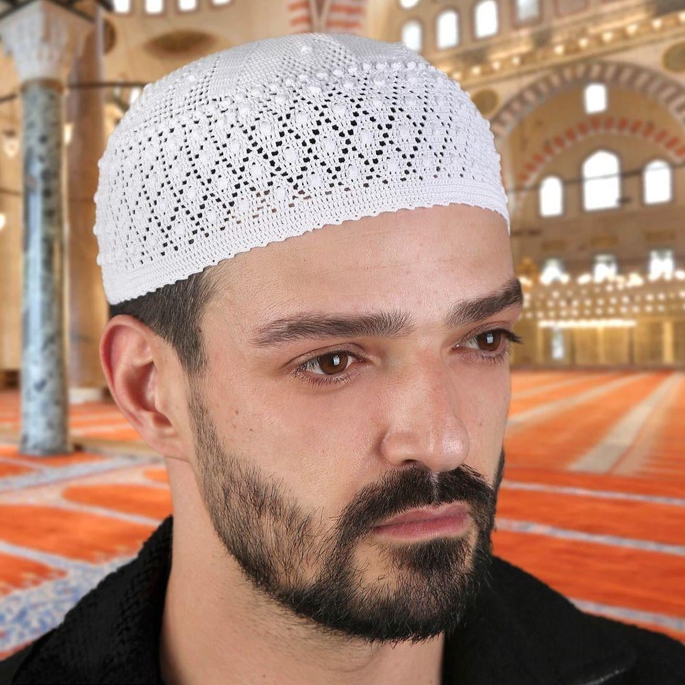 Lüks El Örme Dantel Takke-Beyaz