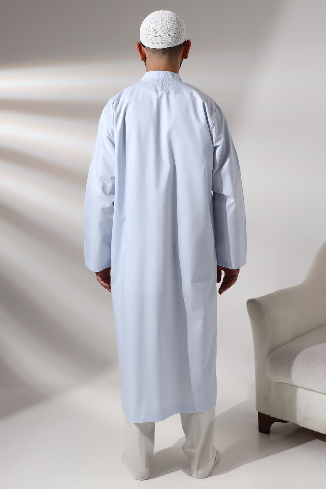 Mavi Erkek Namaz Elbisesi V Yaka Düğmesiz Önü Açık Namaz Cübbesi