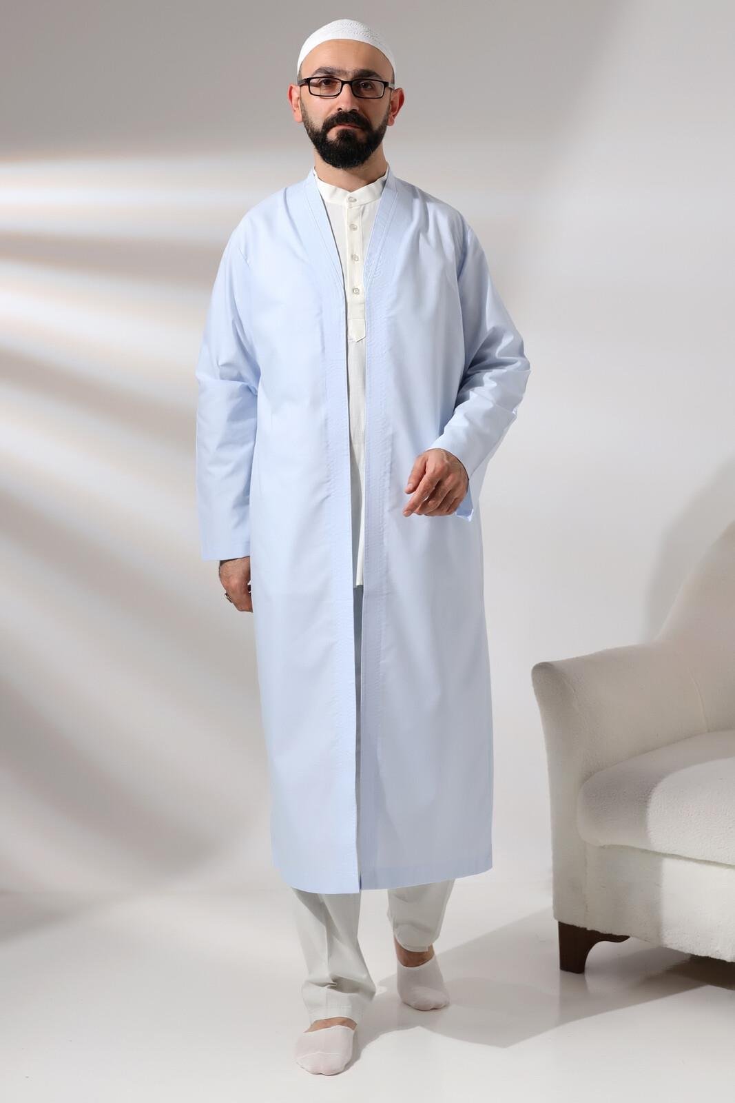Mavi Erkek Namaz Elbisesi V Yaka Düğmesiz Önü Açık Namaz Cübbesi