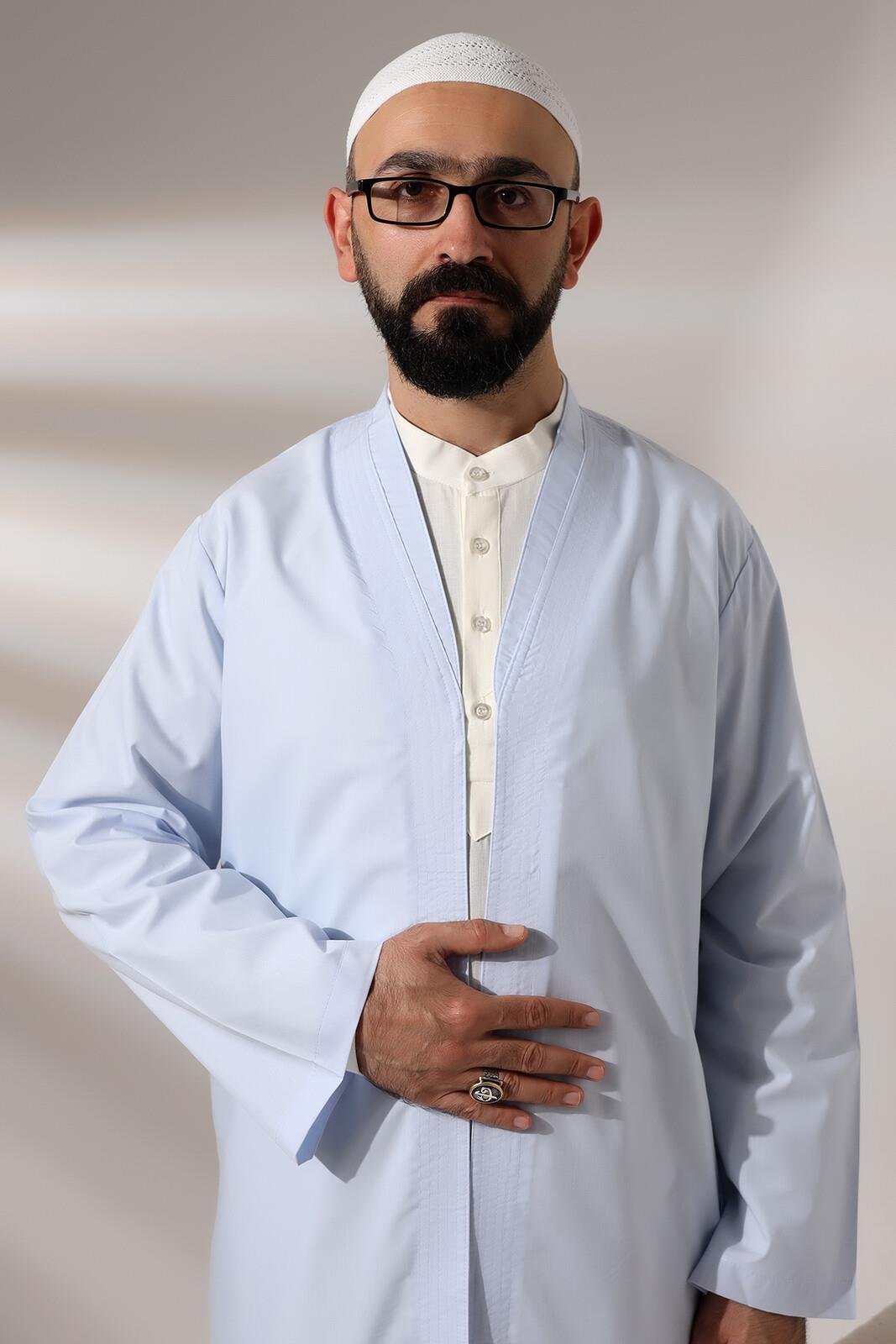 Mavi Erkek Namaz Elbisesi V Yaka Düğmesiz Önü Açık Namaz Cübbesi