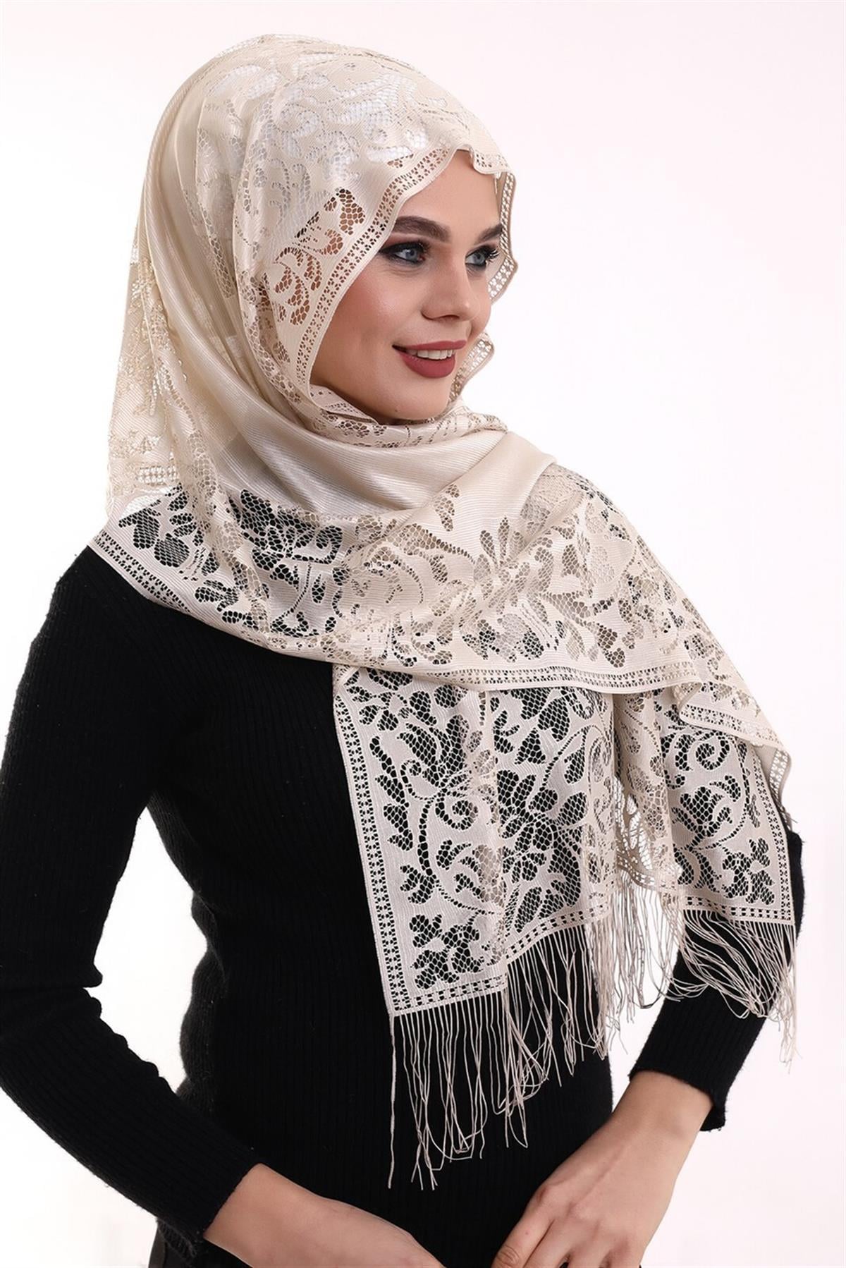 Narin Pamuk Tül Şal Koyu Krem-2 60x160