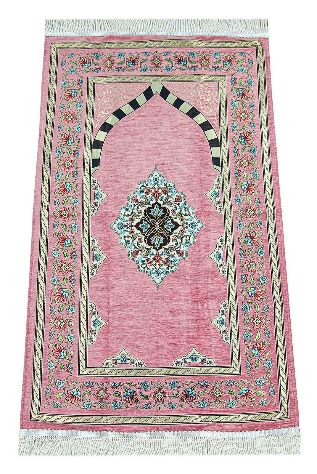 Pembe Çiçek Motifli Mihraplı Astarlı Şönil Seccade