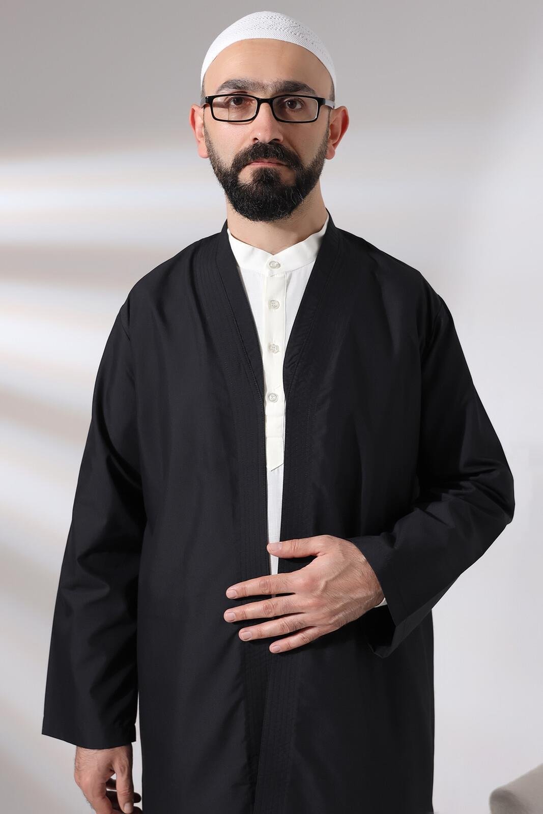Siyah Erkek Namaz Elbisesi V Yaka Düğmesiz Önü Açık Namaz Cübbesi