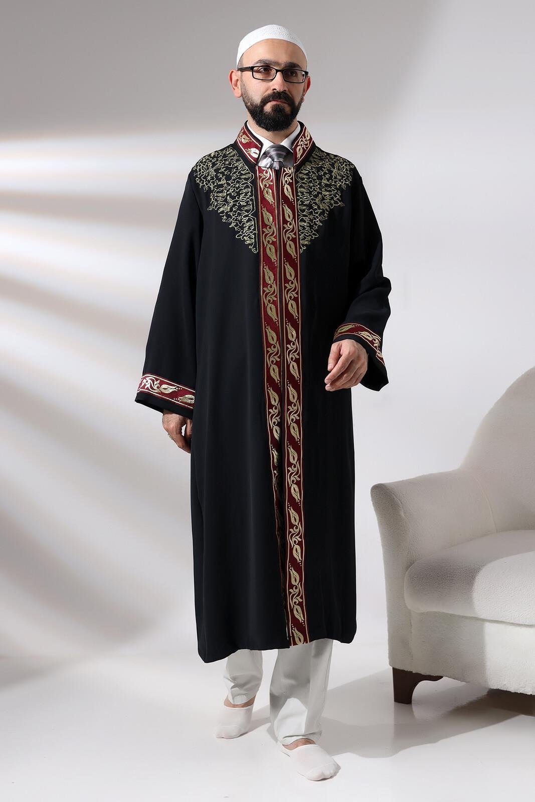 Siyah Hakim Yaka Erkek Namaz Elbisesi Şerit Nakış İşlemeli İmam Cübbesi