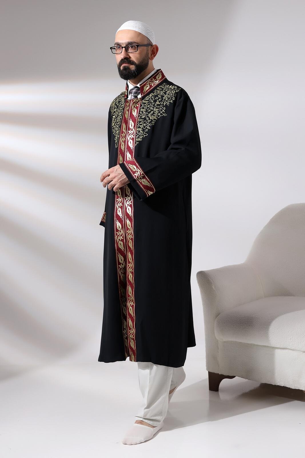 Siyah Hakim Yaka Erkek Namaz Elbisesi Şerit Nakış İşlemeli İmam Cübbesi