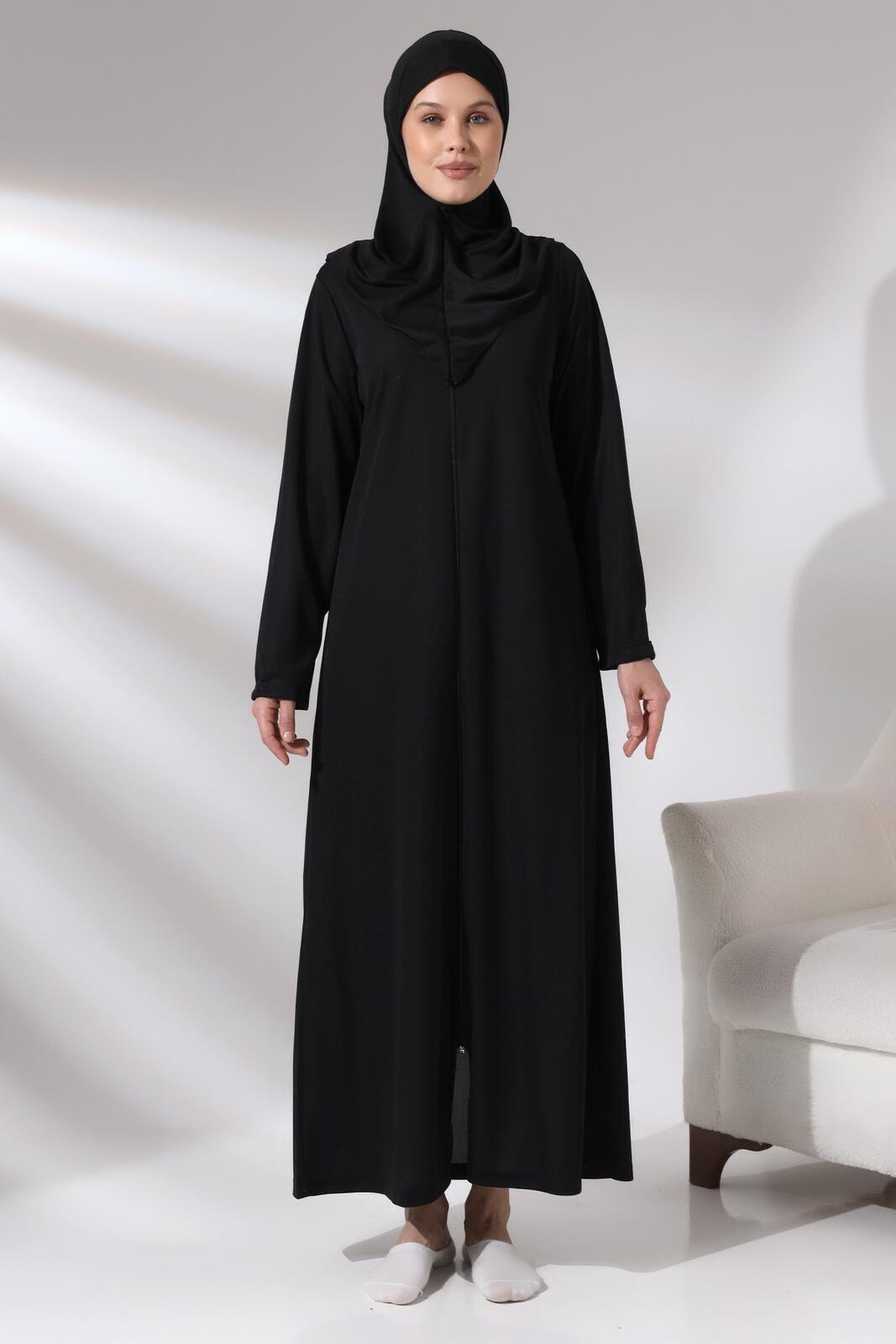 Siyah Kadın Fermuarlı Tek Parça Kendinden Örtülü Namaz Elbisesi