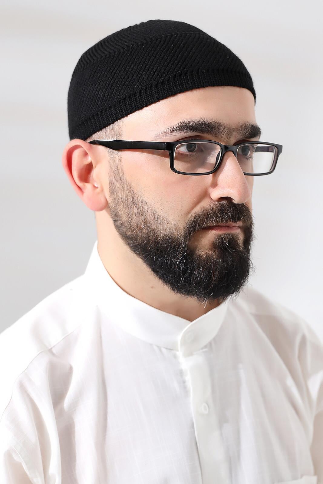 Siyah Süper Namaz Dantel Detaylı Örme Orlon Namaz Takkesi