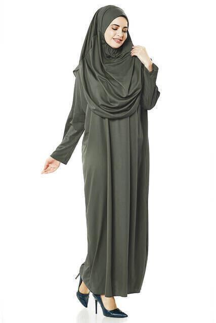 Tek Parça Namaz Elbisesi - Haki - 5015 - Seccade - Zikirmatik - Üçlü Takım
