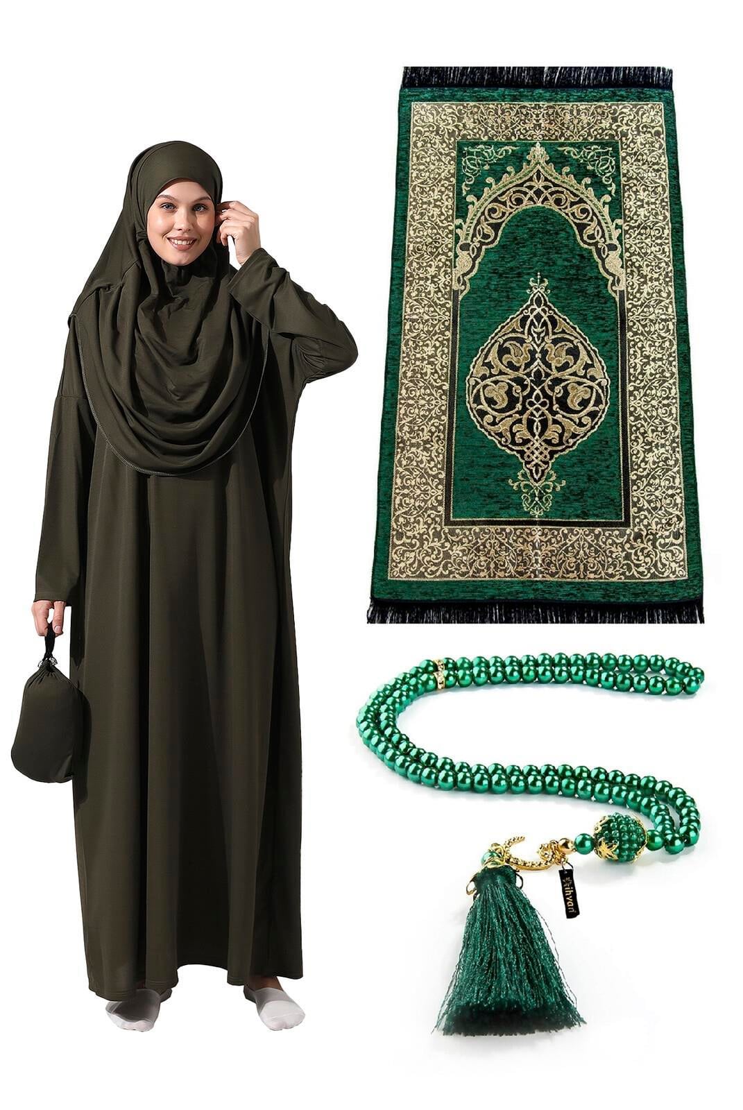 Tek Parça Namaz Elbisesi - Seccade - Tesbih - İbadet Seti - Haki