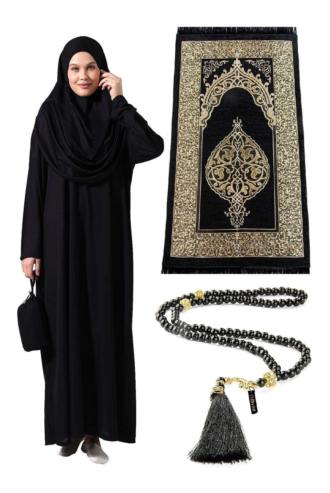 Tek Parça Namaz Elbisesi - Seccade - Tesbih - İbadet Seti - Siyah